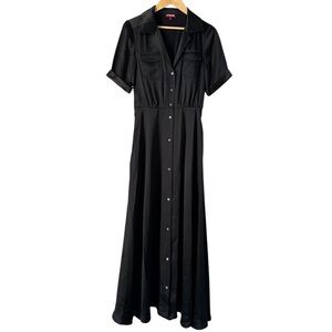 Staud dress Black Satin like Button-Up cuff sleeve flap chest pockets modest 4